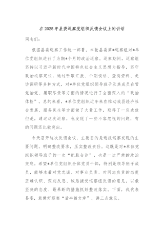 在2025年县委巡察党组织反馈会议上的讲话