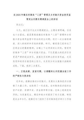 在2025年镇农村集体“三资”管理及乡村振兴资金使用监管突出问题专题调度会上的讲话
