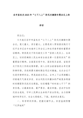 在市直机关2025年“七下八上”防汛关键期专题会议上的讲话
