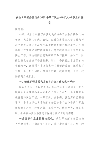在县食品安全委员会2025年第二次全体(扩大)会议上的讲话