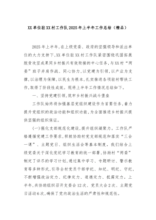 XX单位驻XX村工作队2025年上半年工作总结（精品）