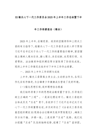 XX镇关心下一代工作委员会2025年上半年工作总结暨下半年工作部署报告（精品）
