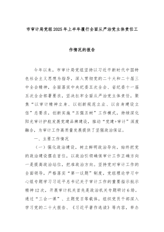 市审计局党组2025年上半年履行全面从严治党主体责任工作情况的报告