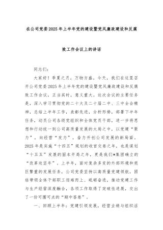 在公司党委2025年上半年党的建设暨党风廉政建设和反腐败工作会议上的讲话