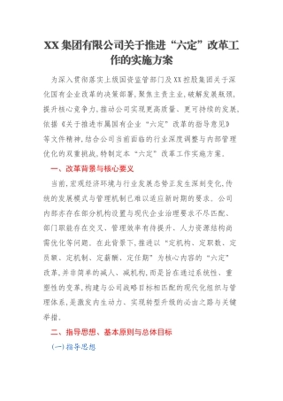 XX集团有限公司关于推进“六定”改革工作的实施方案