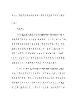 在XX公司项目管理专题会暨第一次项目管理委员会上的讲话