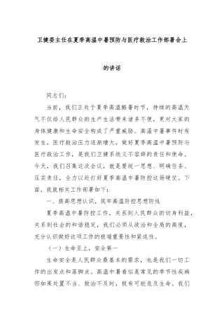 卫健委主任在夏季高温中暑预防与医疗救治工作部署会上的讲话