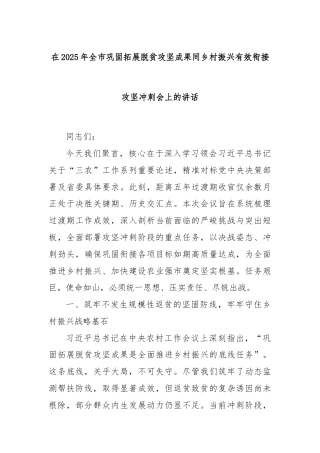 在2025年全市巩固拓展脱贫攻坚成果同乡村振兴有效衔接攻坚冲刺会上的讲话