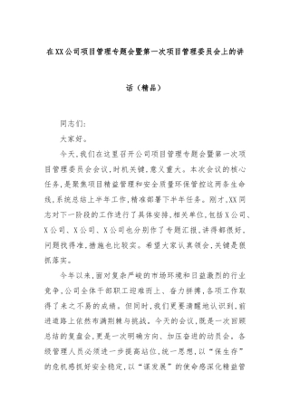 在XX公司项目管理专题会暨第一次项目管理委员会上的讲话（精品）