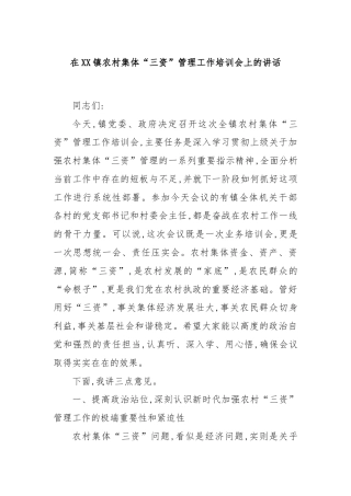 在XX镇农村集体“三资”管理工作培训会上的讲话