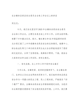 在全镇食品药品安全委员会全体工作会议上的讲话