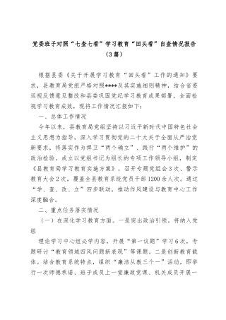 (3篇)党委班子对照“七查七看”学习教育”回头看”自查情况报告