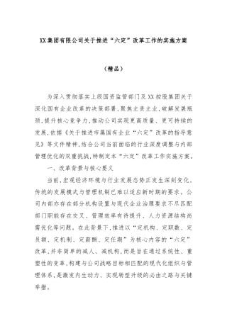 XX集团有限公司关于推进“六定”改革工作的实施方案（精品）