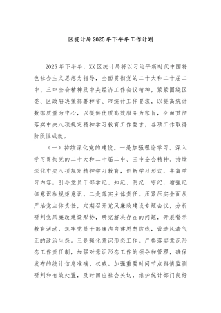 区统计局2025年下半年工作计划