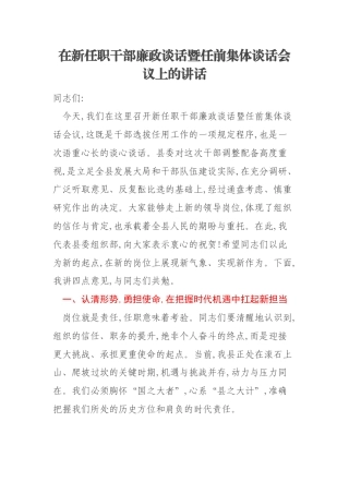 在新任职干部廉政谈话暨任前集体谈话会议上的讲话