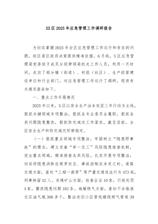 XX区2025年应急管理工作调研报告