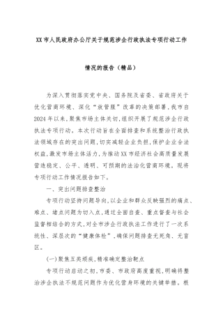 XX市人民政府办公厅关于规范涉企行政执法专项行动工作情况的报告（精品）