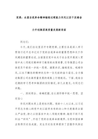 党课：永葆自我革命精神锤炼过硬能力作风以实干实绩奋力开创集团高质量发展新局面