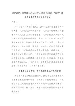 市委常委、组织部长在2025年全市村（社区）“两委”换届准备工作专题会议上的讲话