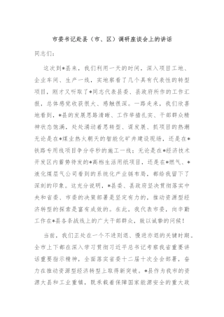 市委书记赴县（市、区）调研座谈会上的讲话
