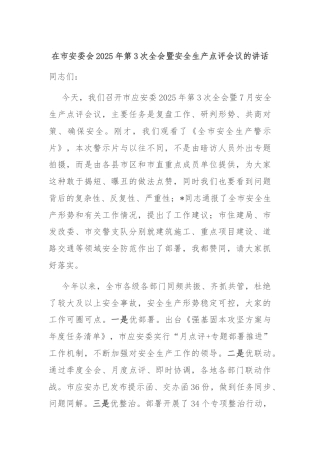 在市安委会2025年第3次全会暨安全生产点评会议的讲话