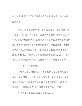 XX市人民政府办公厅关于规范涉企行政执法专项行动工作情况的报告