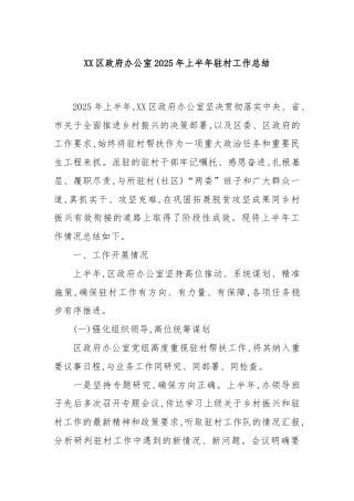 XX区政府办公室2025年上半年驻村工作总结