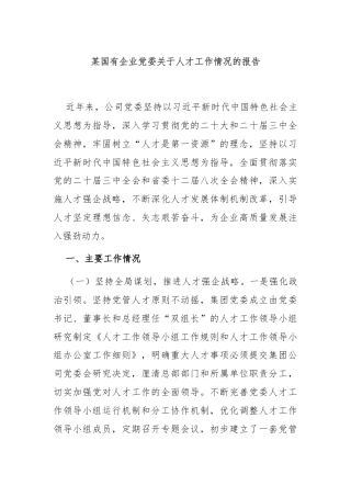某国有企业党委关于人才工作情况的报告