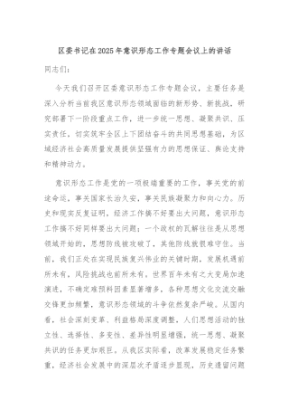 区委书记在2025年意识形态工作专题会议上的讲话