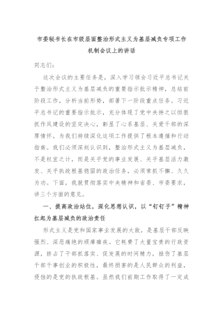市委秘书长在市级层面整治形式主义为基层减负专项工作机制会议上的讲话