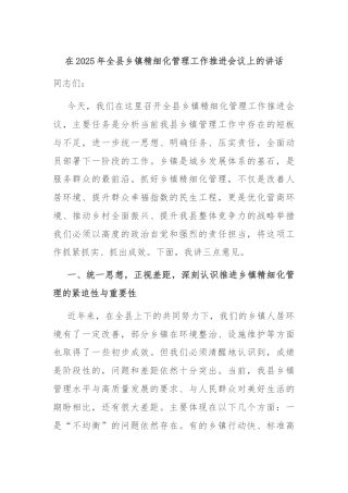 在2025年全县乡镇精细化管理工作推进会议上的讲话