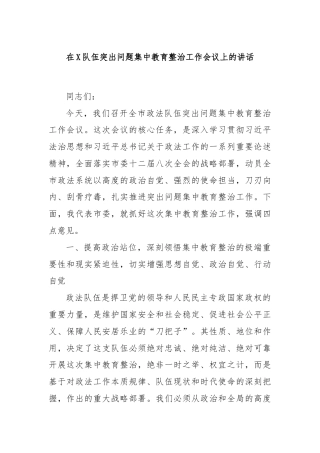 在X队伍突出问题集中教育整治工作会议上的讲话