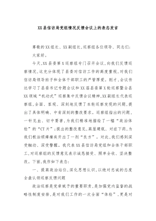 XX县信访局党组情况反馈会议上的表态发言