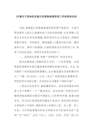 XX镇关于抓细抓实基孔肯雅热疫情防控工作的经验总结