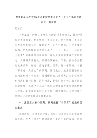 常务副县长在2025年县委财经委员会“十五五”规划专题会议上的发言