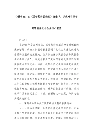 心得体会：在《民营经济促进法》背景下，以党建引领营商环境优化与企业信心重塑