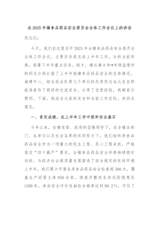 在2025年镇食品药品安全委员会全体工作会议上的讲话