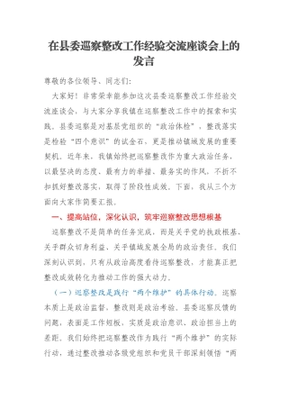 在县委巡察整改工作经验交流座谈会上的发言