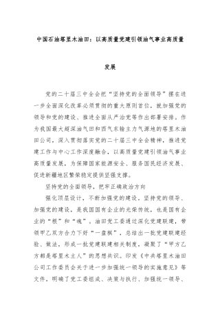 中国石油塔里木油田：以高质量党建引领油气事业高质量发展