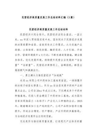 (3篇)民营经济高质量发展工作总结材料汇编