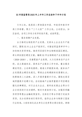 XX市场监管局2025年上半年工作总结和下半年计划