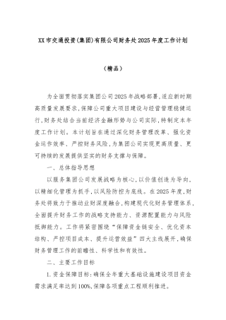 XX市交通投资(集团)有限公司财务处2025年度工作计划（精品）