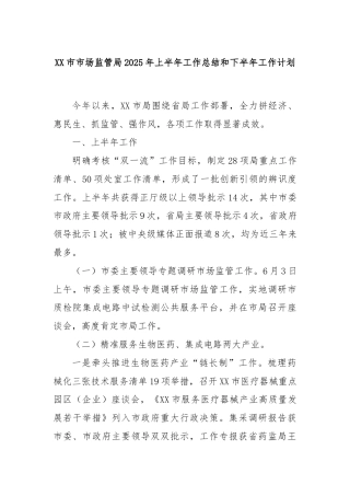 XX市市场监管局2025年上半年工作总结和下半年工作计划
