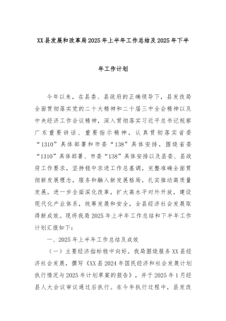 XX县发展和改革局2025年上半年工作总结及2025年下半年工作计划