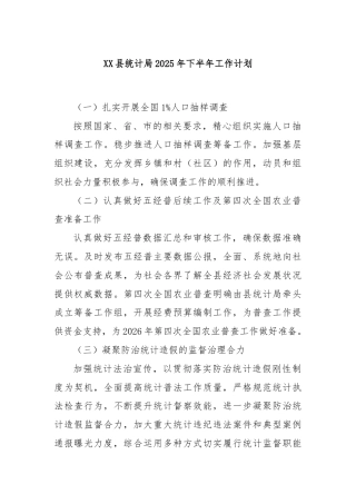 XX县统计局2025年下半年工作计划