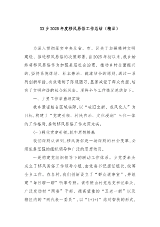 XX乡2025年度移风易俗工作总结（精品）