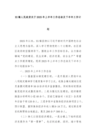 XX镇人民政府关于2025年上半年工作总结及下半年工作计划