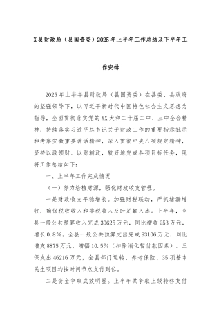 X县财政局（县国资委）2025年上半年工作总结及下半年工作安排
