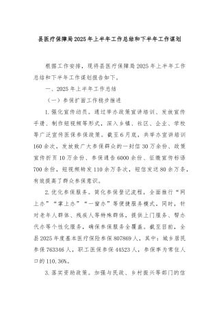 县医疗保障局2025年上半年工作总结和下半年工作谋划