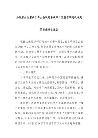 县政府办公室关于在全县政府系统深入开展作风建设专题的自查评估报告